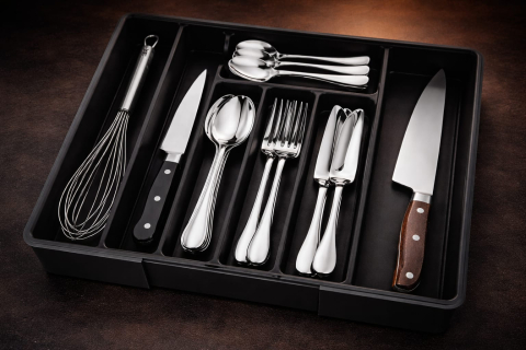 Casă & Confort - Organizator sertar extensibil 28-45 cm, pentru tacamuri si ustensile bucatarie, suport ajustabil pentru depozitare furculite, linguri, cutite, tava separator sertare cu 7 zone spatioase, negru, Beatus