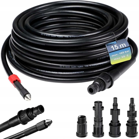 Casă & Confort - Set Curatare Tevi si Canalizare – Furtun Presiune Universal 15 m cu 4 Adaptoare, Duza 4 Jeturi, Anti-Strangulare, Premium, Negru