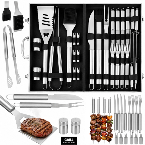 Casă & Confort - Set Ustensile pentru Gratar BBQ, 26 Piese din Otel Inoxidabil, Valiza Aluminiu pentru Transport, Accesorii Complete Grill, Camping si Picnic, Ideal pentru Cadou