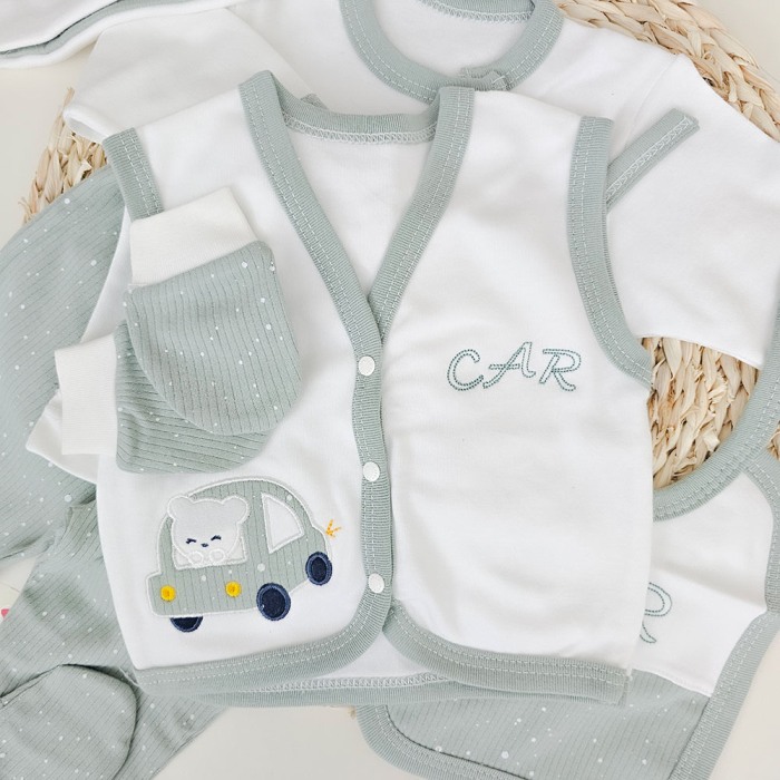 Cadou Nou-nascut: set maternitate, 10 piese, Bumbac 100%, masinuta Kaki [3]