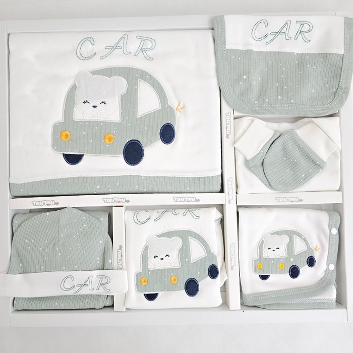 Cadou Nou-nascut: set maternitate, 10 piese, Bumbac 100%, masinuta Kaki [2]