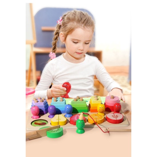 Joc din lemn 3 in 1 : sortator forme, pescuit si feliat fructe [2]