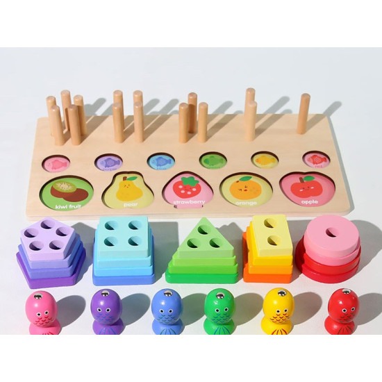 Joc din lemn 3 in 1 : sortator forme, pescuit si feliat fructe [4]