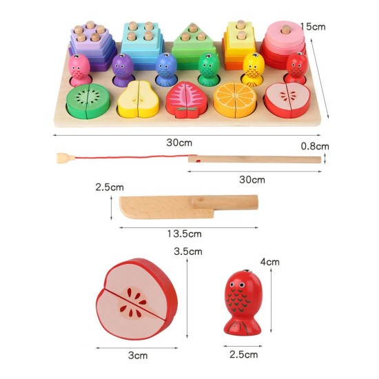 Joc din lemn 3 in 1 : sortator forme, pescuit si feliat fructe [3]
