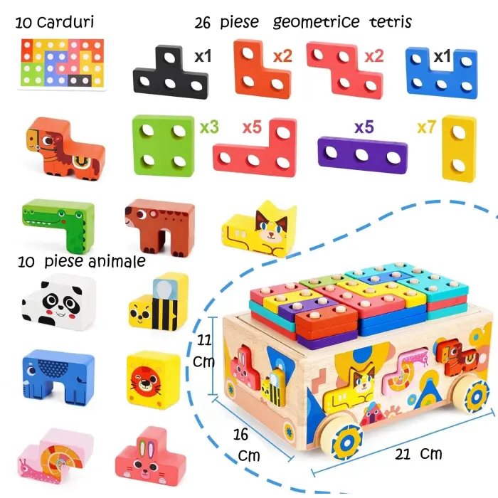 Masinuta educativa din lemn 4 in 1 – Joc Montessori Tetris, Puzzle cu Animale, Stivuire si Sortare Culori [3]
