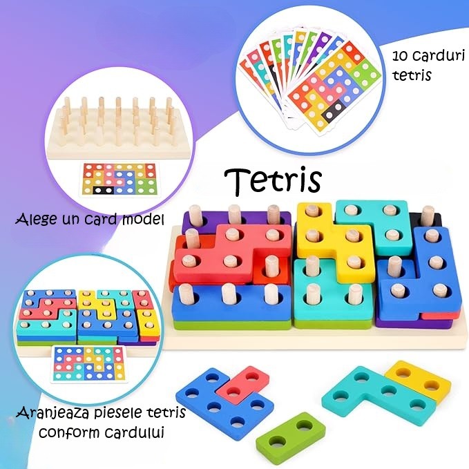 Masinuta educativa din lemn 4 in 1 – Joc Montessori Tetris, Puzzle cu Animale, Stivuire si Sortare Culori [5]