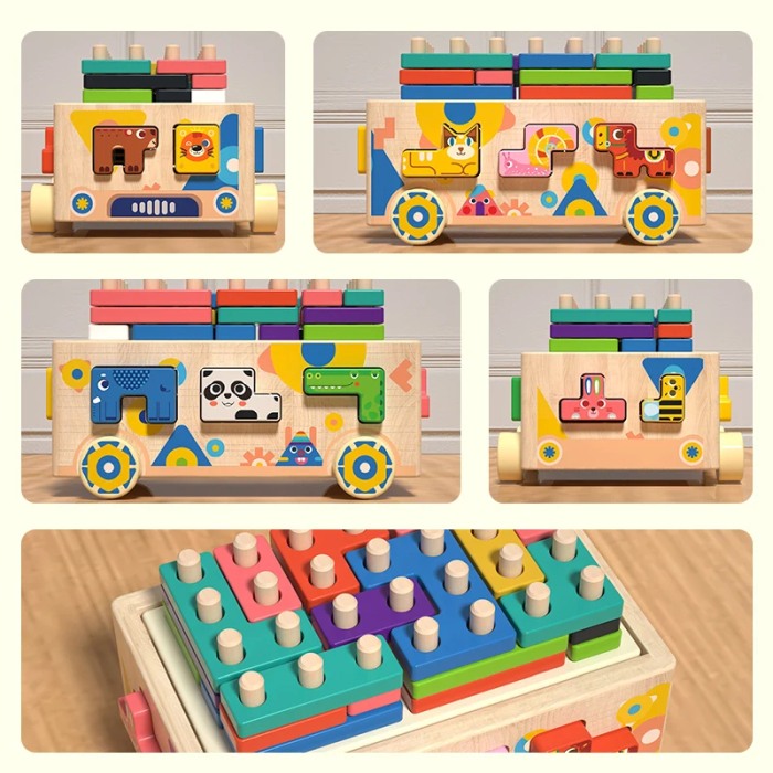 Masinuta educativa din lemn 4 in 1 – Joc Montessori Tetris, Puzzle cu Animale, Stivuire si Sortare Culori [6]