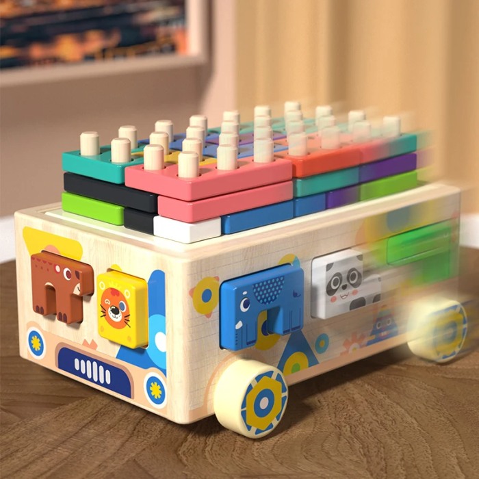 Masinuta educativa din lemn 4 in 1 – Joc Montessori Tetris, Puzzle cu Animale, Stivuire si Sortare Culori [9]