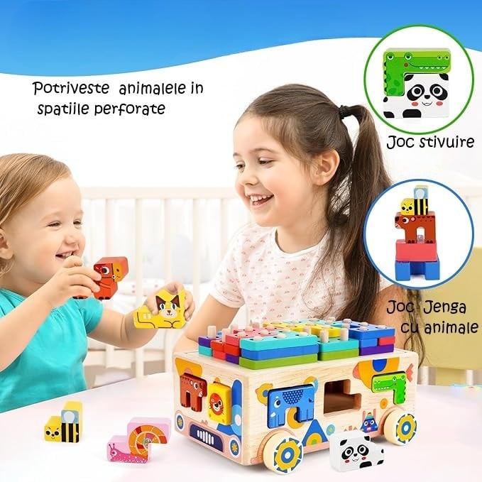 Masinuta educativa din lemn 4 in 1 – Joc Montessori Tetris, Puzzle cu Animale, Stivuire si Sortare Culori [2]