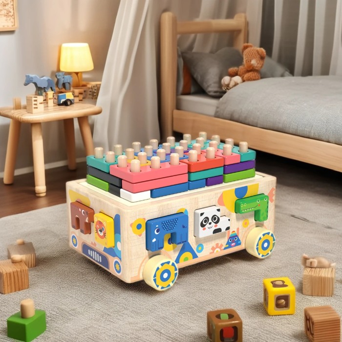 Masinuta educativa din lemn 4 in 1 – Joc Montessori Tetris, Puzzle cu Animale, Stivuire si Sortare Culori [10]