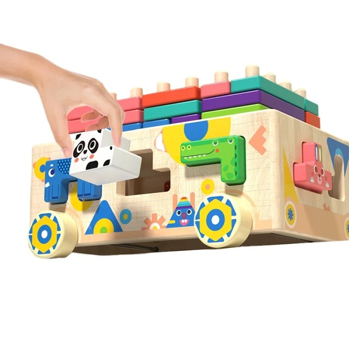 Masinuta educativa din lemn 4 in 1 – Joc Montessori Tetris, Puzzle cu Animale, Stivuire si Sortare Culori [7]