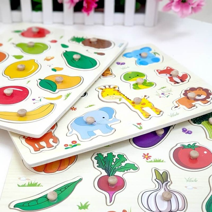 Pachet 3 puzzle din lemn: Animale,legume si fructe [2]