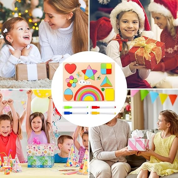 Puzzle Montessori cu forme geometrice,tabla de desenat si curcubeu [4]