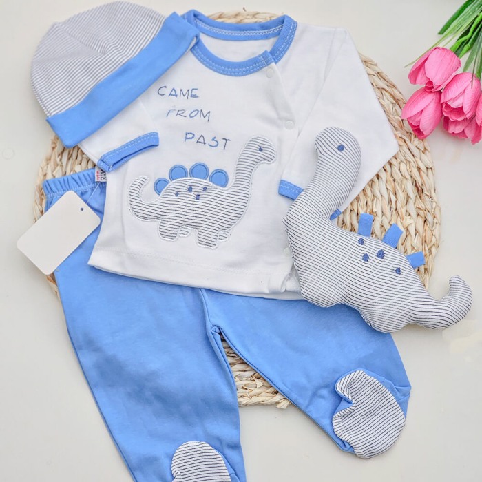 Set cadou Nou-nascut/Bebelusi,10 piese, Bumbac 100% anti-alergic, Dino Albastru [2]