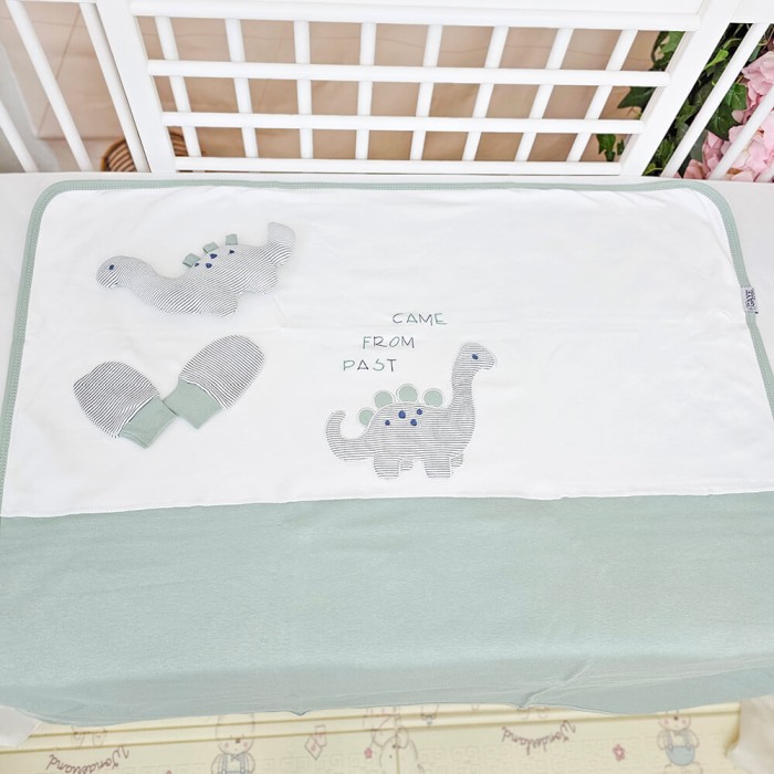 Set cadou Nou-nascut/Bebelusi,10 piese, Bumbac 100% anti-alergic, Dino Verde Pastel [3]