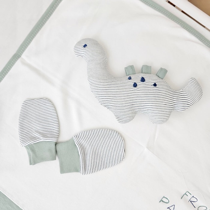 Set cadou Nou-nascut/Bebelusi,10 piese, Bumbac 100% anti-alergic, Dino Verde Pastel [4]