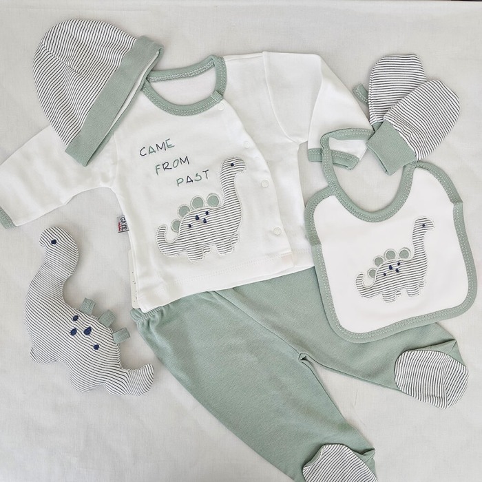 Set cadou Nou-nascut/Bebelusi,10 piese, Bumbac 100% anti-alergic, Dino Verde Pastel [2]