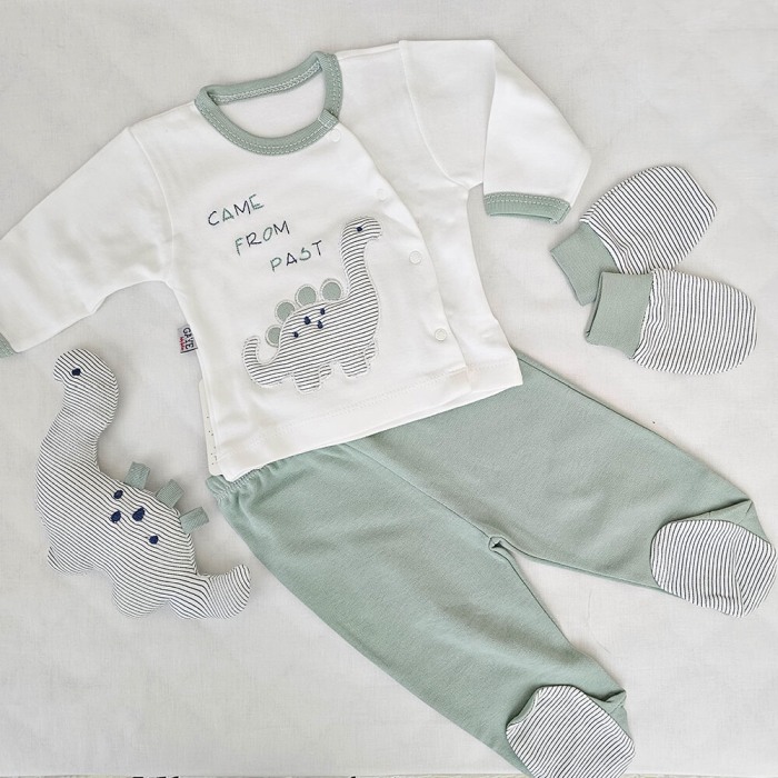 Set cadou Nou-nascut/Bebelusi,10 piese, Bumbac 100% anti-alergic, Dino Verde Pastel [5]