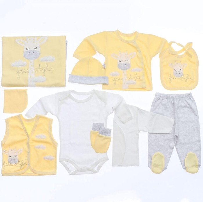 Set cadou Nou-nascut/Bebelusi,10 piese, Bumbac 100% anti-alergic, Giffy Galben Pastel [2]