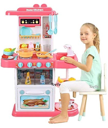 Bucatarie de jucarie pentru copii, cu sunete si chiuveta functionala, Roz [0]