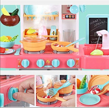 Bucatarie de jucarie pentru copii, cu sunete si chiuveta functionala, Roz [2]