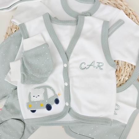 Cadou Nou-nascut: set maternitate, 10 piese, Bumbac 100%, masinuta Kaki [2]