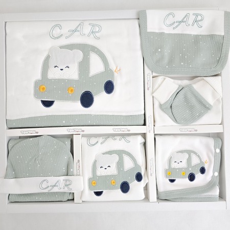 Cadou Nou-nascut: set maternitate, 10 piese, Bumbac 100%, masinuta Kaki [1]