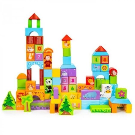 Cuburi constructive - Cuburi din lemn Animale, set 100 piese