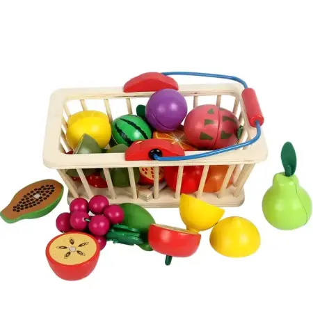 Jucarii educative si creative - Fructe de feliat din lemn in cosulet 16 piese