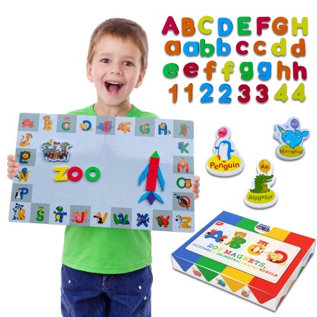 Jucarii creative - Joc Magnetic 210 Piese: Litere, Cifre, Ilustratii si Forme Geometrice