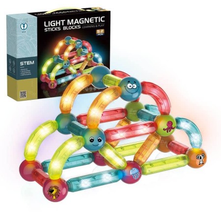 Jocuri de constructie - Joc STEM cu lumini, Magnetic Stiks cu 52 piese