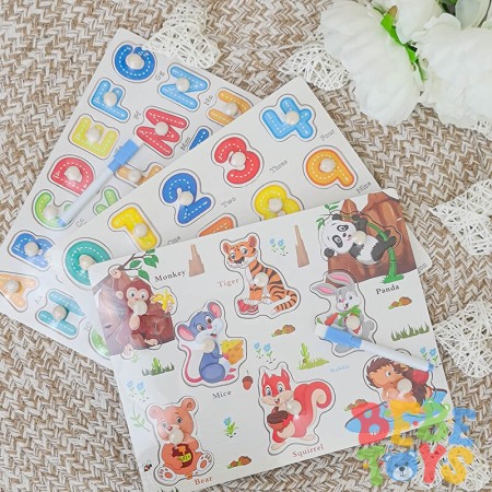 Puzzle - Pachet 3 puzzle din lemn: cifre, litere si animale