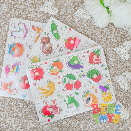 Puzzle - Pachet 3 puzzle din lemn: Fructe,legume si obiecte