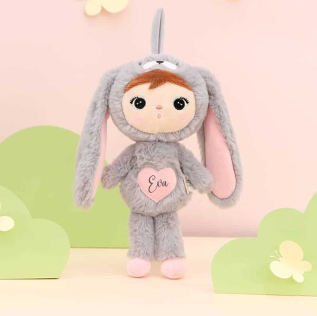 Papusi si accesorii - Papusa personalizata cu nume Iepuras, gri/roz, 30cm