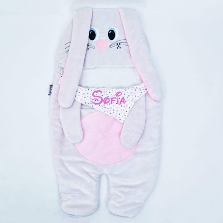 Articole bebe - Sac de dormit iepuras roz-personalizat cu nume
