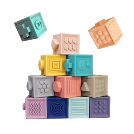 Jucarii zornaitoare si dentitie - Set 10 Cuburi din silicon pentru Bebelusi 3D Embossed