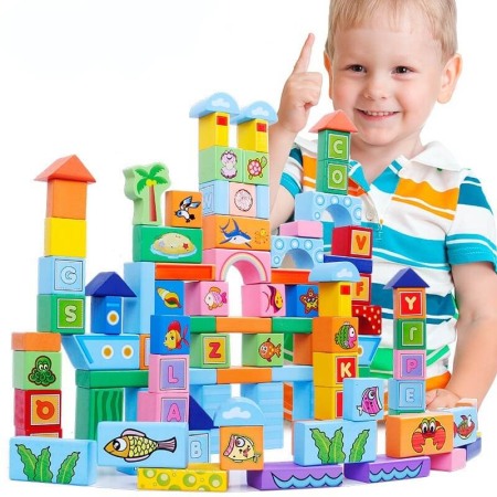 Cuburi constructive - Set 100 cuburi din lemn Ocean