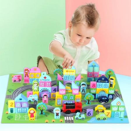 Jocuri de constructie - Set 56 de cuburi cu covoras de joaca, Orasel Beilaluna