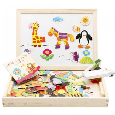 Jucarii din lemn - Tabla de scris din lemn 3 in 1 cu doua fete si puzzle (model 8)