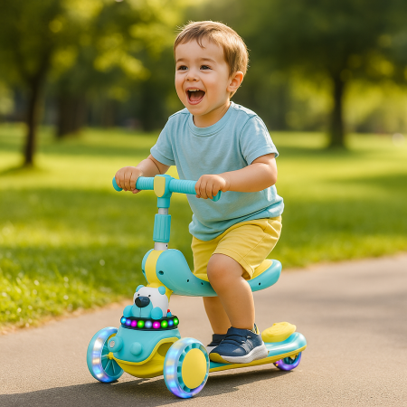 Jucarii copii - Trotineta reglabila 3 in 1 pentru copii 2-6 ani, cu lumini si design animalut