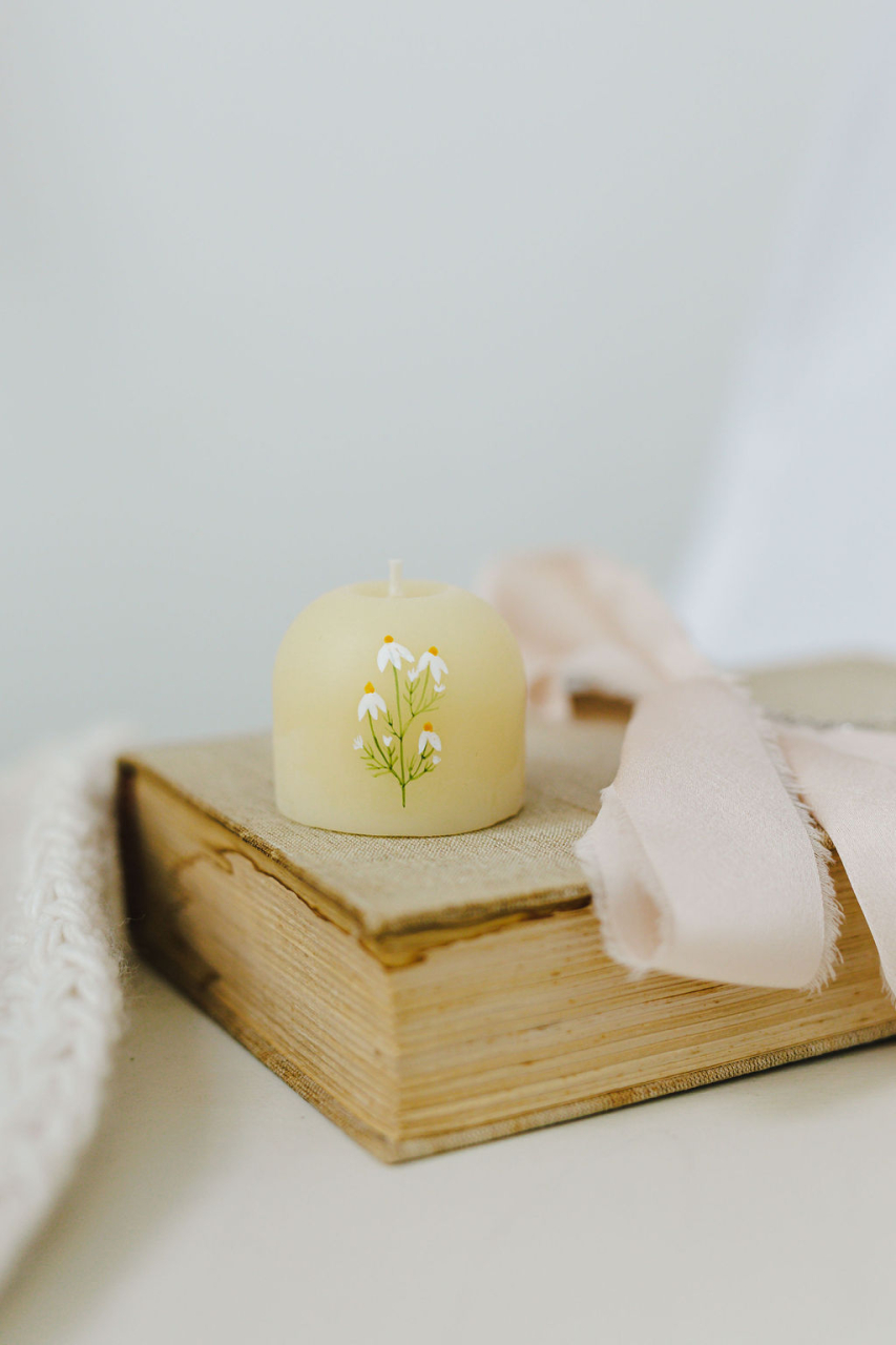 Lumanare pictata cu flori de mușețel [2]