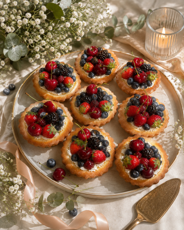Produse - Mini tartă cu crustă fragedă, umplută cu crema aerată de vanilie, frișcă și zmeură proaspătă