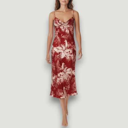 IMBRĂCĂMINTE DAMĂ - Rochie Guess lungă roșie satinată cu imprimeu floral damă, colecție outlet.