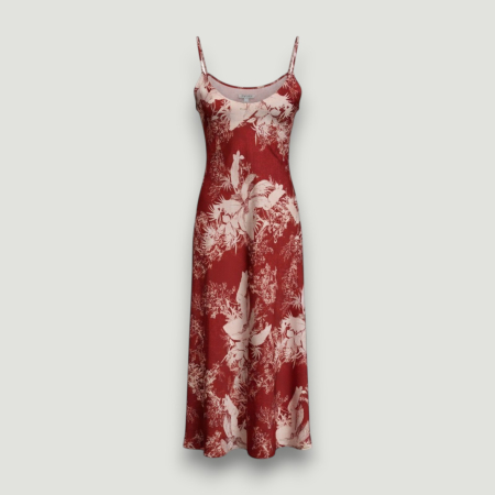 Rochie Guess lungă roșie satinată cu imprimeu floral damă, colecție outlet. [2]