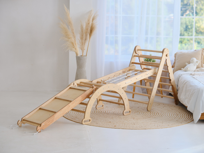 Set de cățărare Montessori 4în1: Triunghi Pikler + Arc/Balansoar + Tobogan/Rampă + Plasă de cățărare [3]