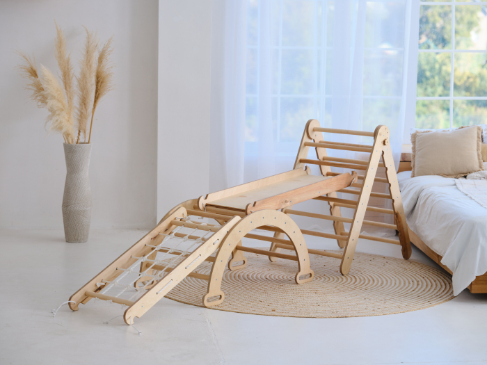 Set de cățărare Montessori 4în1: Triunghi Pikler + Arc/Balansoar + Tobogan/Rampă + Plasă de cățărare [2]