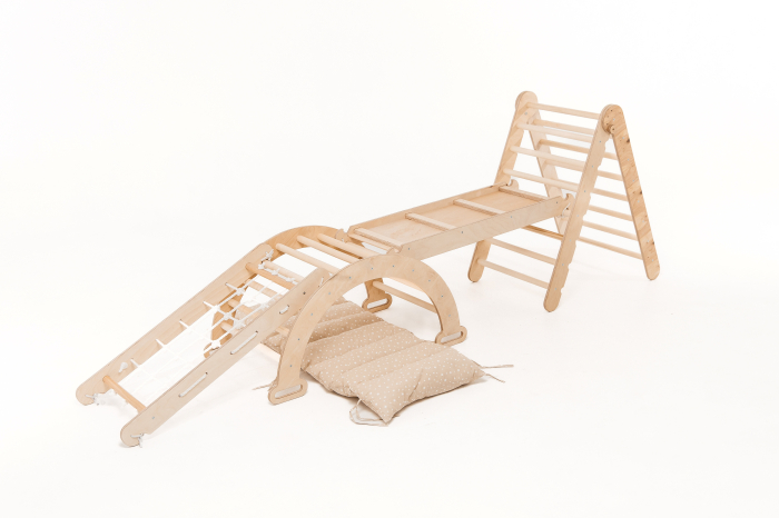 Set de cățărare Montessori 5în1: Triunghi Pikler + Arc/Balansoar + Tobogan/Rampă + Plasă de cățărare + Pernă [5]