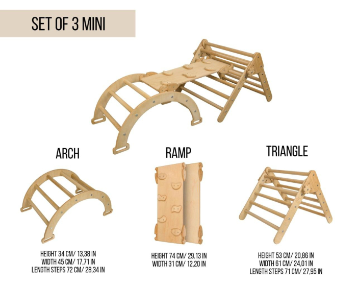 Set de joaca 3in1 Pikler/Montessori, triunghi de escaladare cu tobogan si arc de catarare [5]