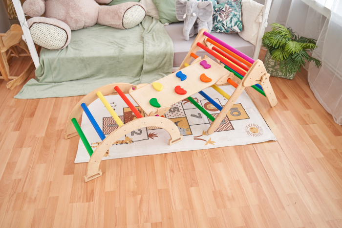 Set de joaca 3in1 Pikler/Montessori, triunghi de escaladare cu tobogan si arc de catarare, multicolor [2]