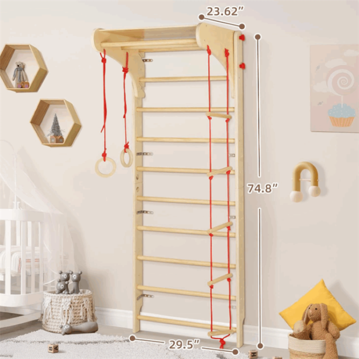 Set spalier gimnastică cu Bara/Inele/Scară de cățărat, Reglabil, din lemn/placaj pentru copii +3 ani [2]